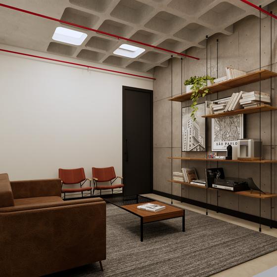 Projeto 3D de lounge corporativo
