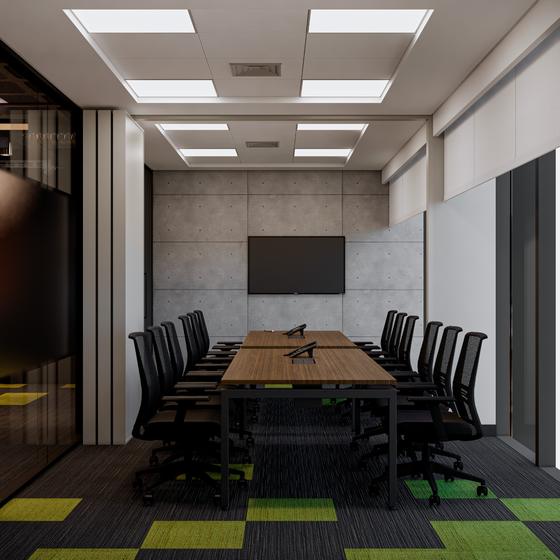 Projeto 3D de sala de reunião corporativa